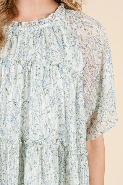 Ditsy Floral Print Sheer Ruffle Detail Mini Dress in Ivory Combo - product view 10