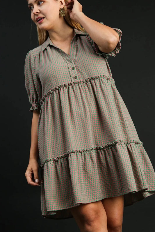 Full Size Plaid Frill Button Detail Ruffled Short Sleeve Dress Plus Size in Green/Pink - product view 2
