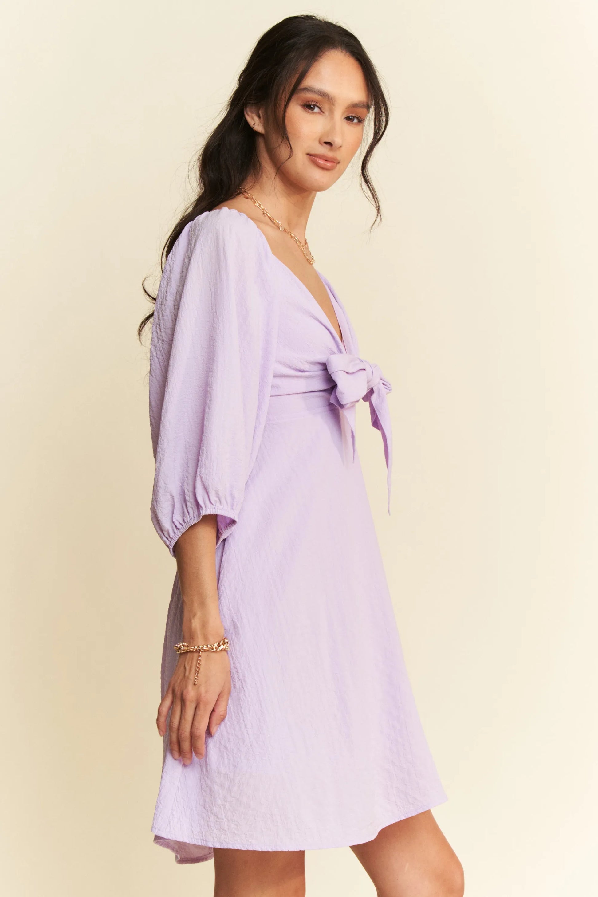 Self-Tie Puff Sleeve Smocking Open Back Mini Dress in Lavender - product view 4