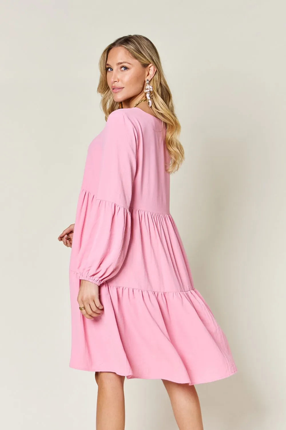 Full Size V-Neck Balloon Sleeve Tiered Dress with Pockets in Light Green, Pink and more - product view 10