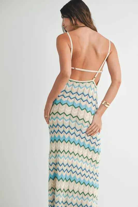 Lightweight Pointelle Chevron Knit Maxi Dress - Aqua - product view 8