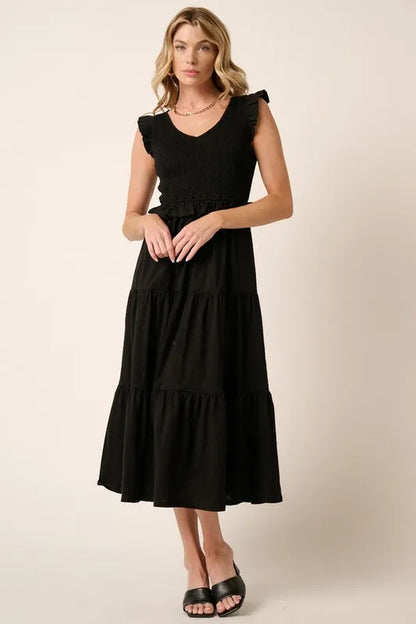 Smocked Ruffled Tiered Midi Dress in Black - product view 1