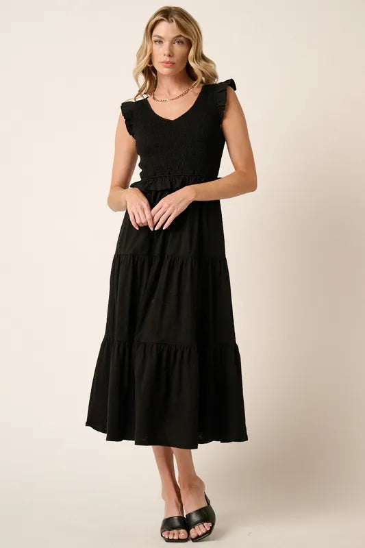 Smocked Ruffled Tiered Midi Dress in Black - product view 1