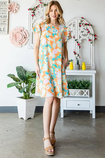 Full Size Ruffled Short Sleeve Floral Mini Dress Plus Size in Orange - product view 14