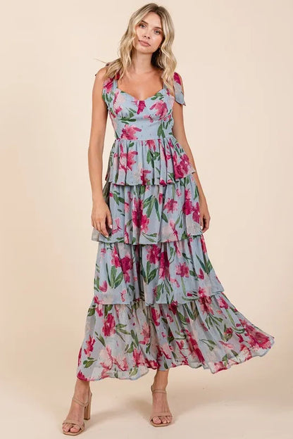Layered Floral Sweetheart Neck Maxi Dress in Dusty Blue - product view 1