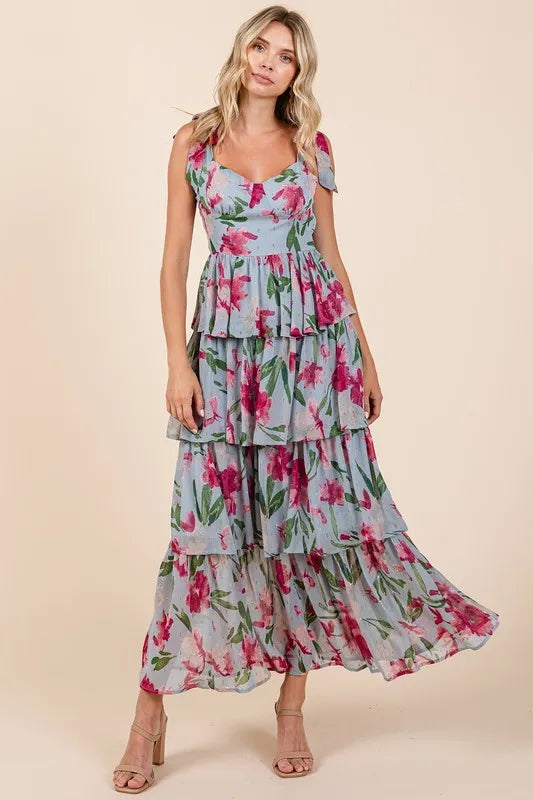 Layered Floral Sweetheart Neck Maxi Dress in Dusty Blue - product view 1