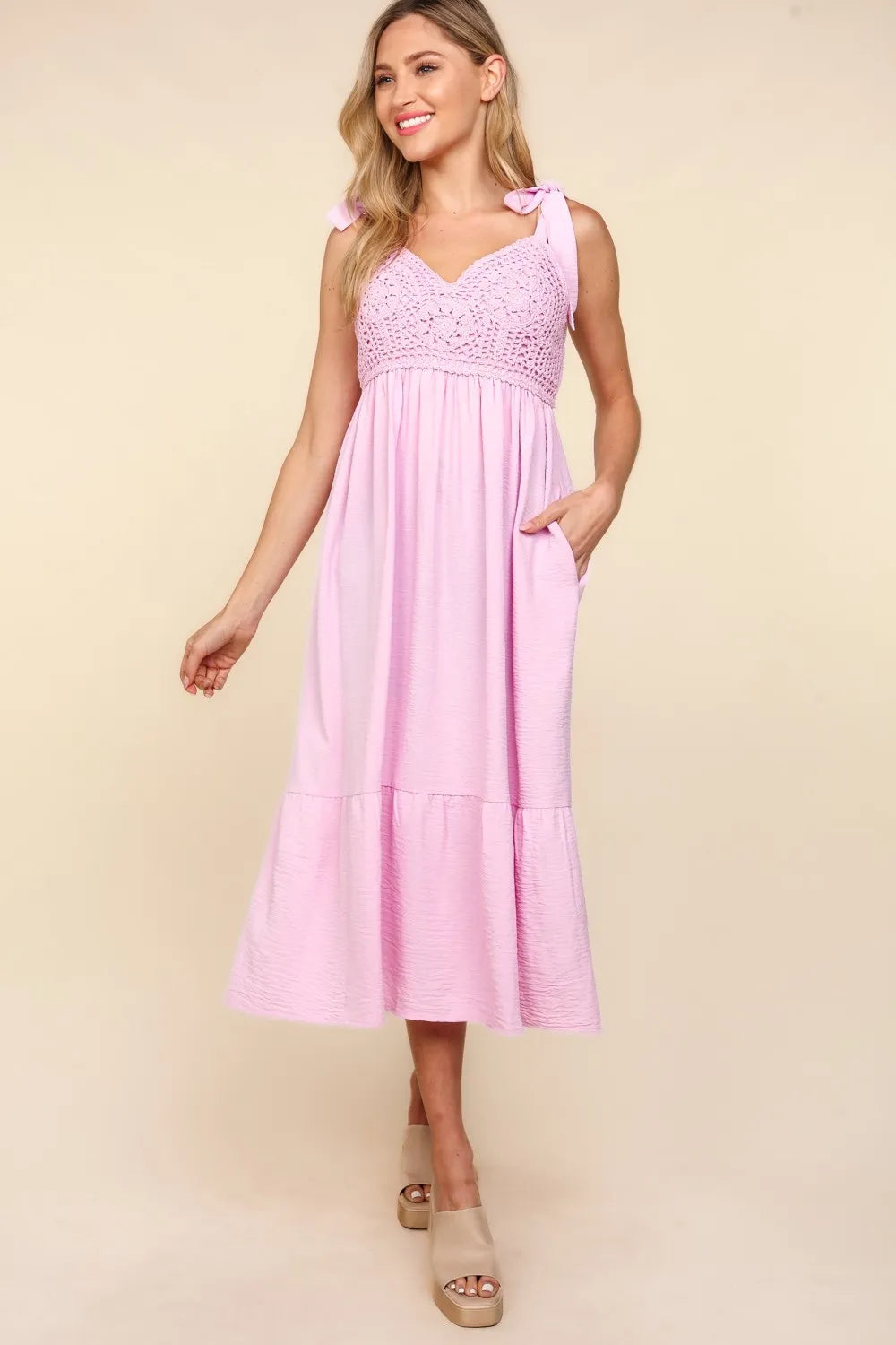 Crochet Lace Ruffle Hem Cami Midi Dress in Pink - product view 3