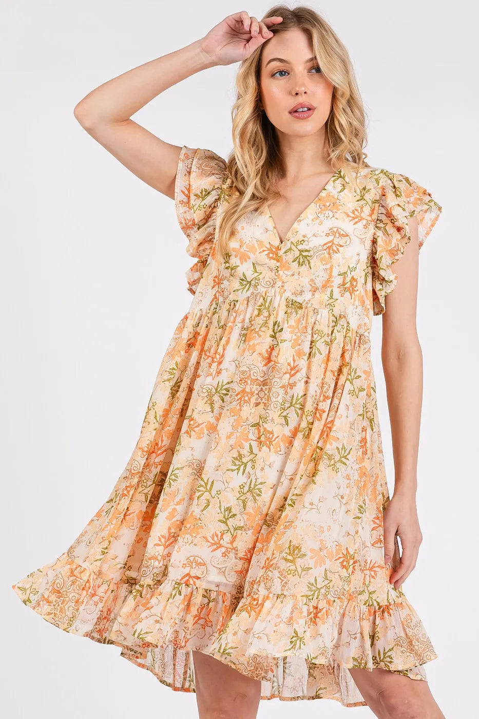 Floral Chiffon Ruffle Short Sleeve Mini Dress in Orange Multi - product view 2