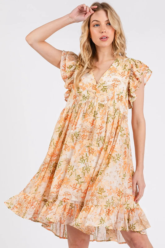 Floral Chiffon Ruffle Short Sleeve Mini Dress in Orange Multi - product view 2