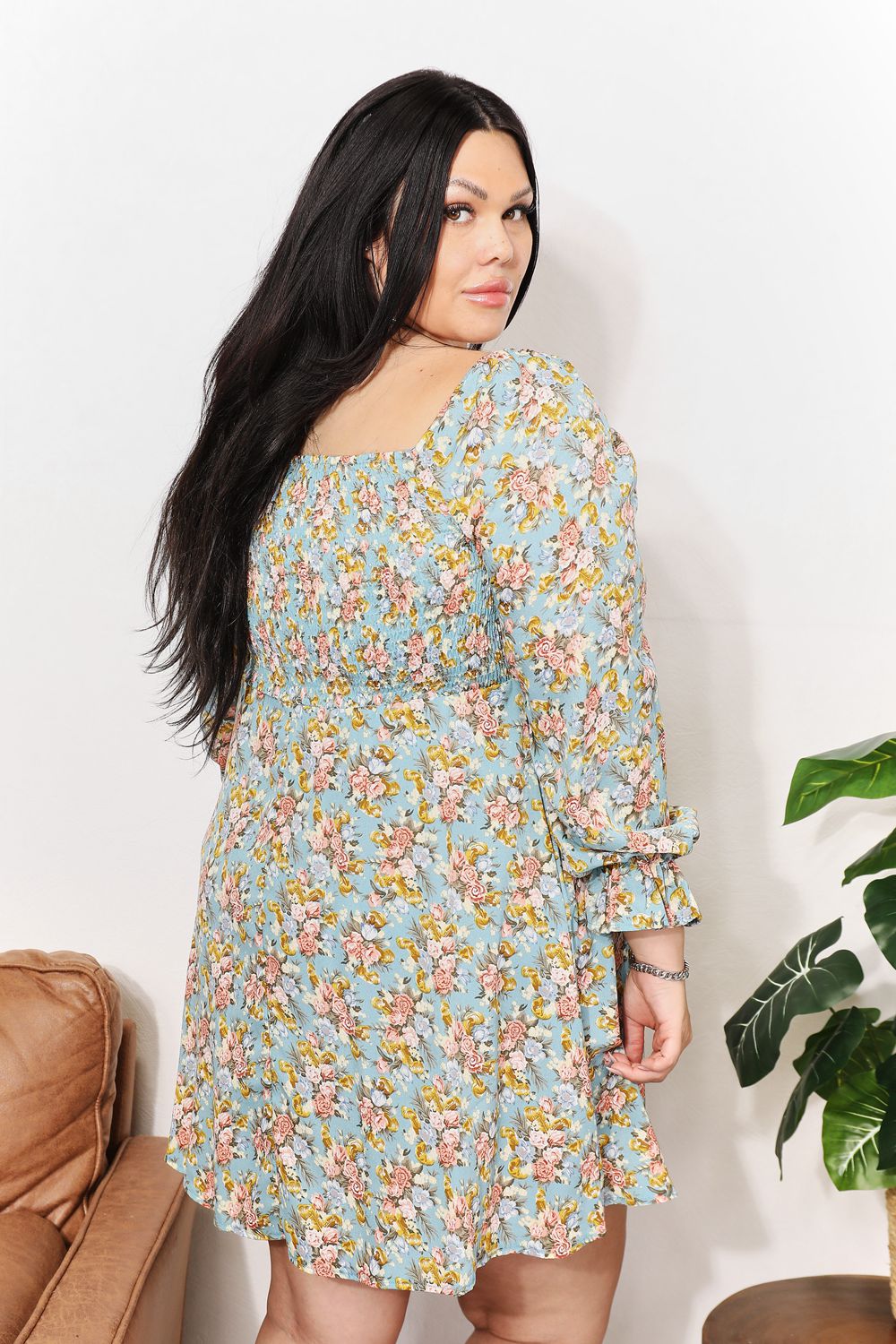 Honey Floral Smocked Flounce Sleeve Square Neck Dress - product view 10