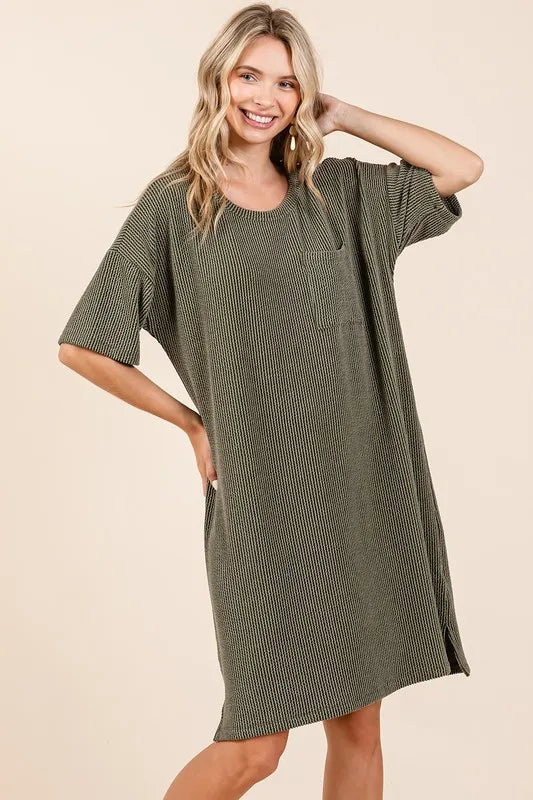 Urban Rib Knit Short Sleeve Tee Dress - Army Green - product view 1