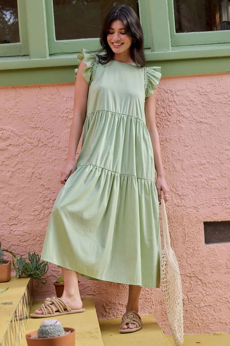 Ruffle Short Sleeve Tiered Maxi Dress in Sage - product view 5