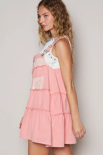 Lace Patchwork Detail Denim Overall Dress in Pink - product view 3