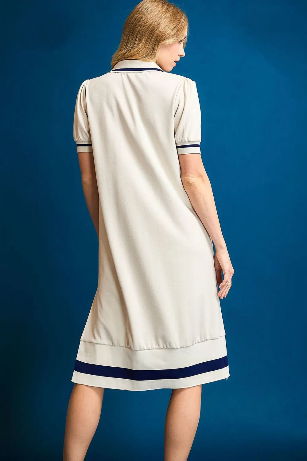 Side Slit Contrast Trim Short Sleeve Dress in Cream - product view 3