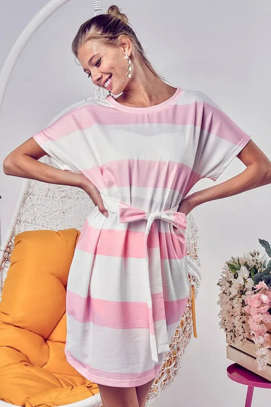 Tie Front Striped Short Sleeve Dress in Blush - product view 5