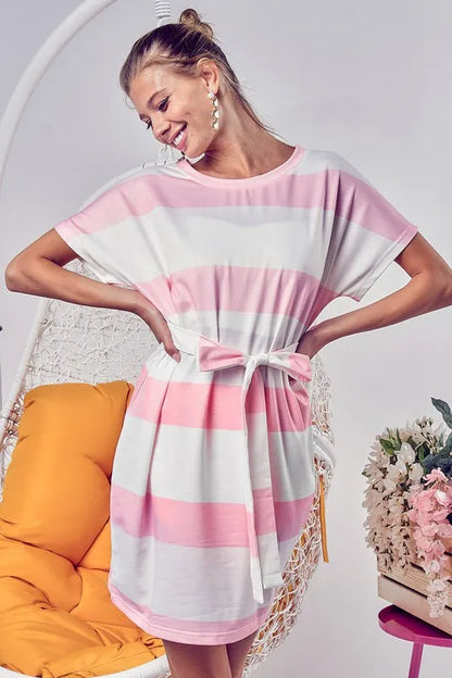 Tie Front Striped Short Sleeve Dress in Blush - product view 5