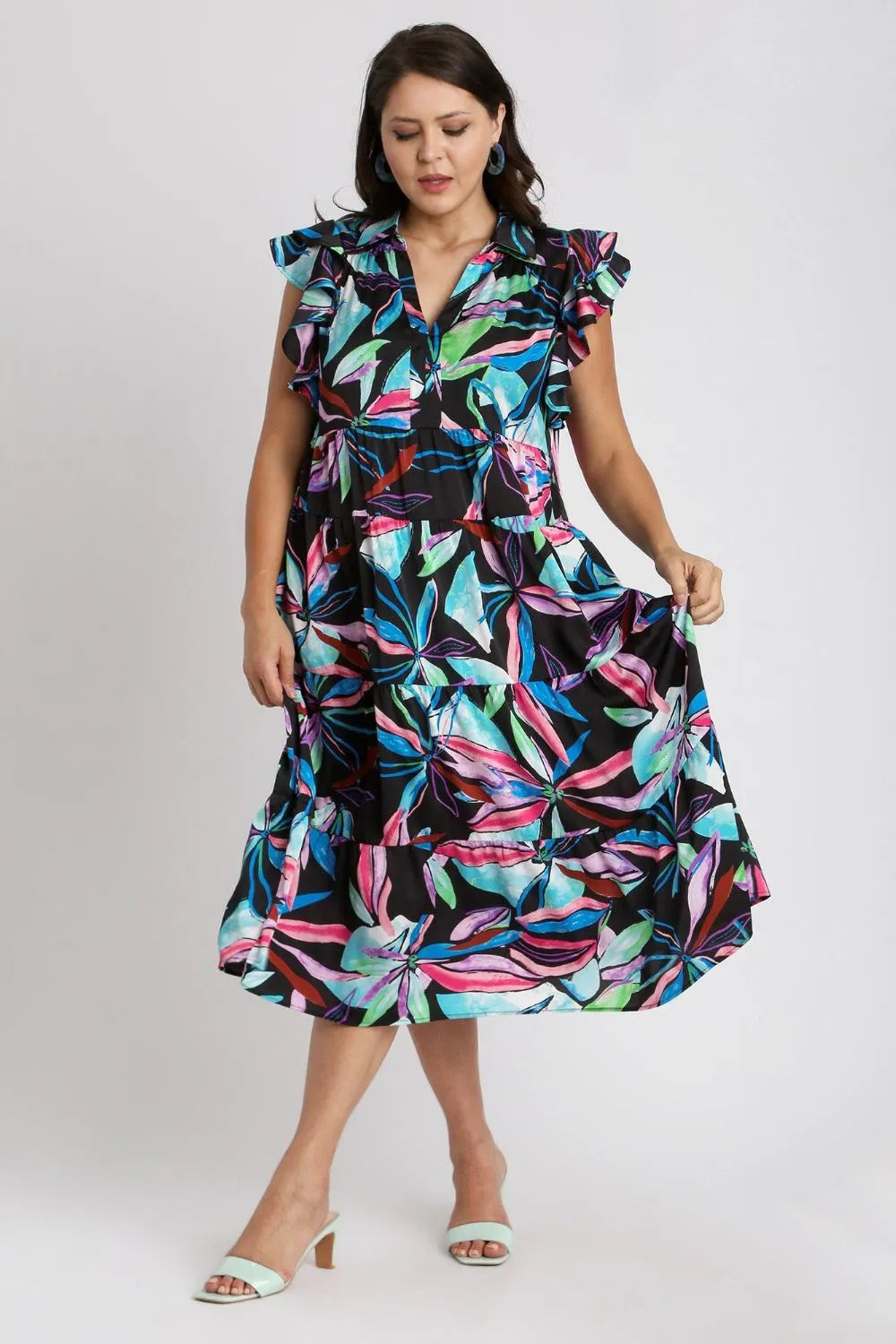 Full Size Leaf Print Double Layered Ruffle Sleeve Tiered Midi Dress Plus Size - Blackmix - product view 7