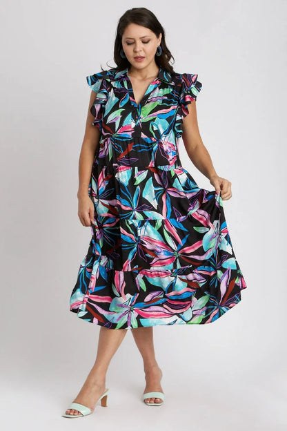 Full Size Leaf Print Double Layered Ruffle Sleeve Tiered Midi Dress Plus Size - Blackmix - product view 7