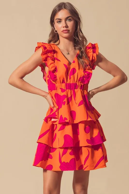 Floral V Neck Layered Dress with Elasticized Waist in Orange/Fuchsia - product view 11