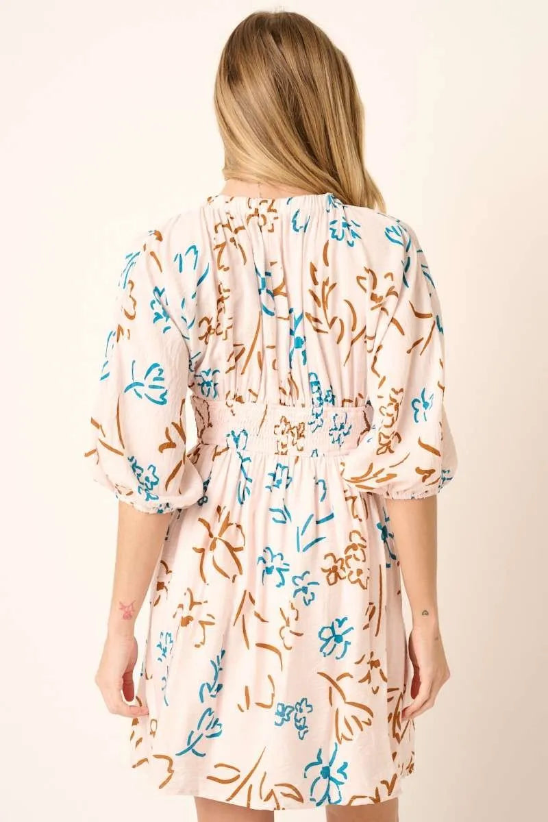 Flower Print Mocked Waist Mini Dress in Teal Combo - product view 5