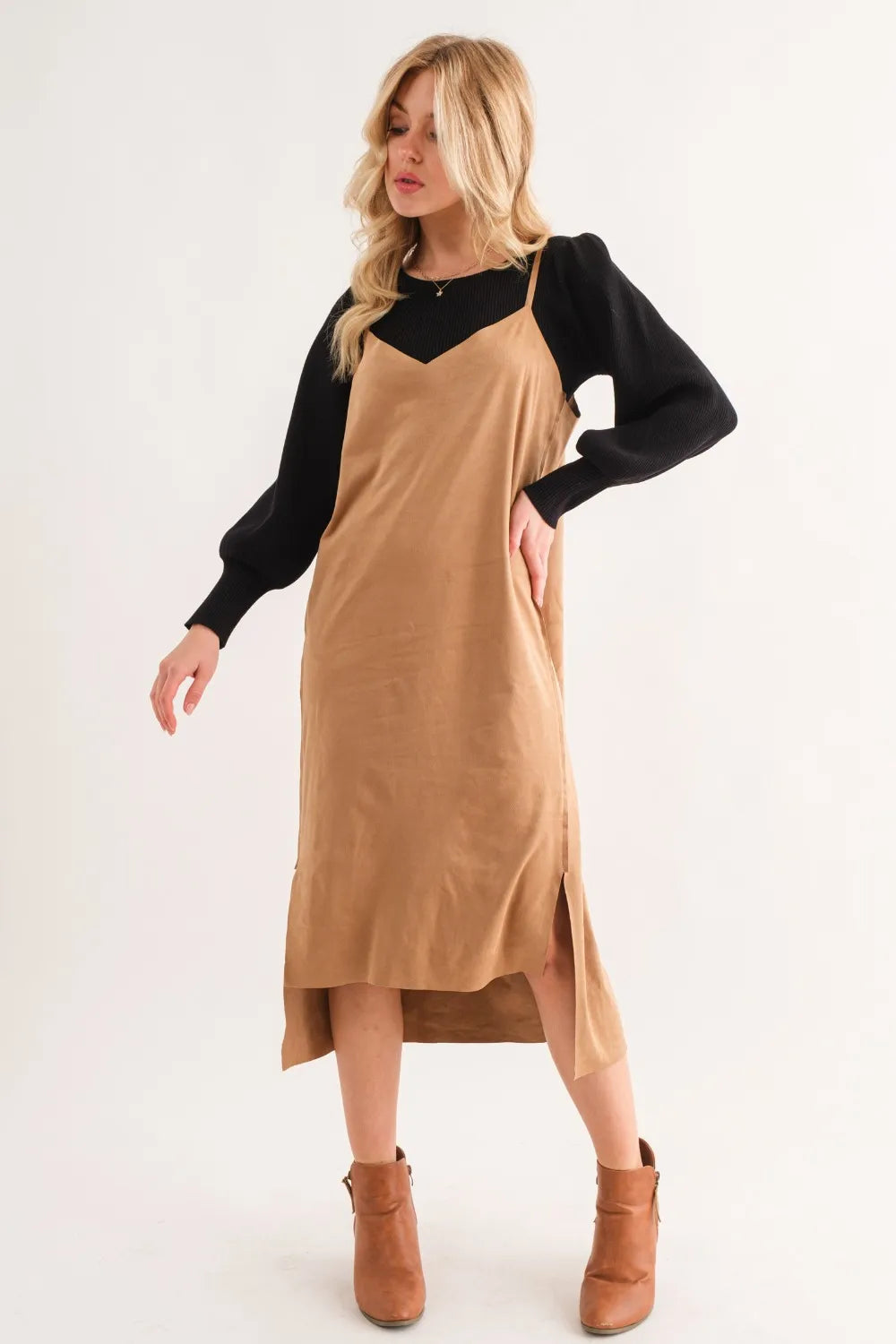 Faux Suede Cut Edge Slit Cami Midi Dress in Khaki - product view 5
