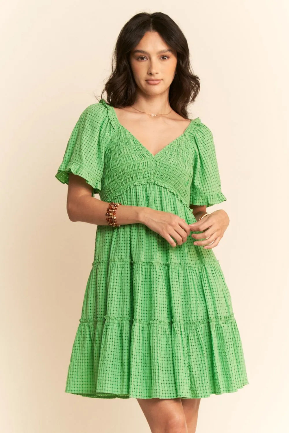 Jacquard Checker Smocking Tiered Dress - Ibiza Green - product view 5