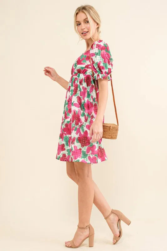 Smocked Floral Ruffle Short Sleeve Mini Dress in Fuchsia - product view 4
