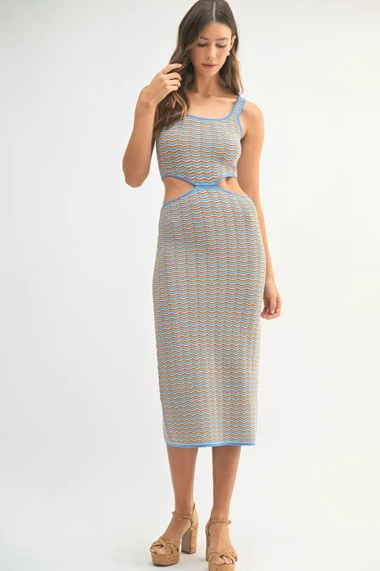 Multi Color Chevron Knit Bodycon Midi Dress in Aqua - product view 4