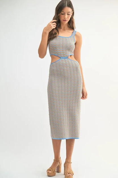 Multi Color Chevron Knit Bodycon Midi Dress in Aqua - product view 4