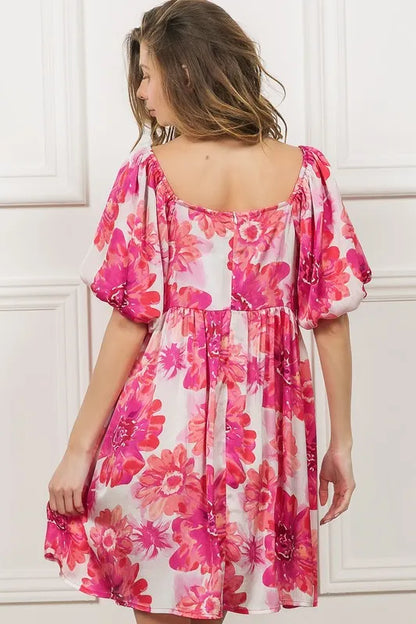 Floral Square Neck Puff Sleeve Mini Dress in Hot Pink - product view 4