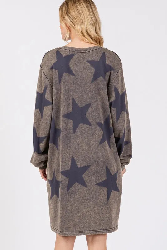 Washed Star Print Round Neck Dress in Dark Gray - product view 2