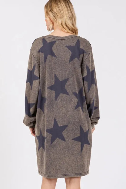 Washed Star Print Round Neck Dress in Dark Gray - product view 2