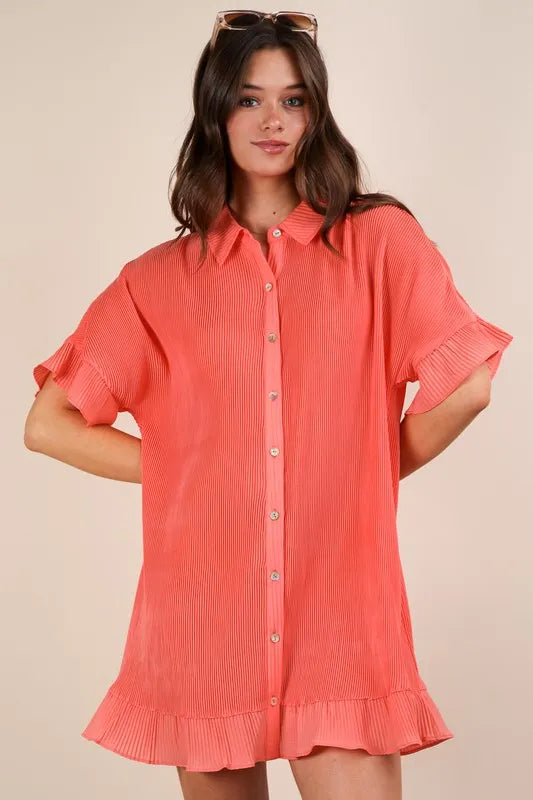 Pleated Detail Button Down Mini Dress - Orange - product view 2
