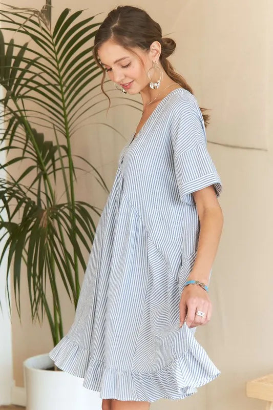 Ruffled Hem Striped V-Neck Babydoll Dress in Light Blue - product view 3