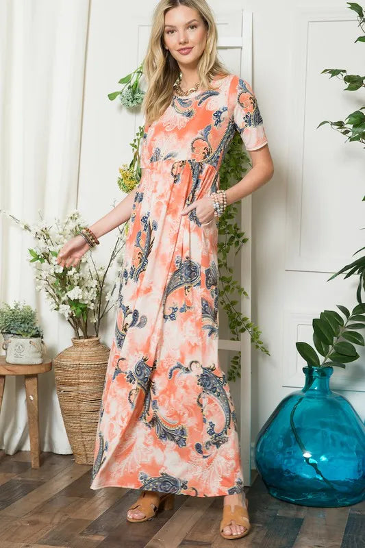Paisley Print Short Sleeve Maxi Dress with Pockets in Orange Paisley - product view 1