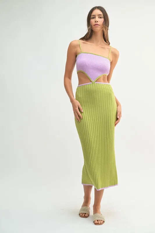 Ribbed Knit Color Block Cutout Midi Dress - Lime - product view 1