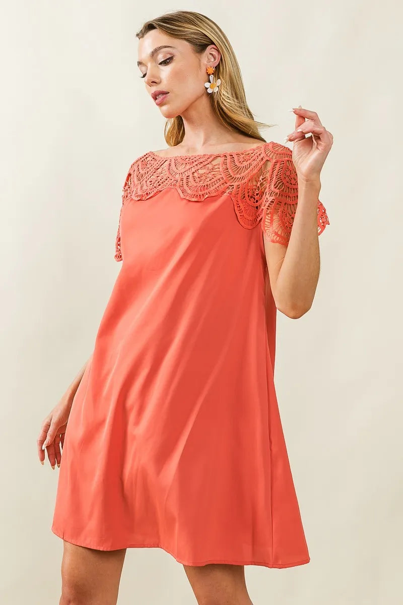 Crochet Lace Yoke Detailed Wrinkled Dress - Apricot - product view 10