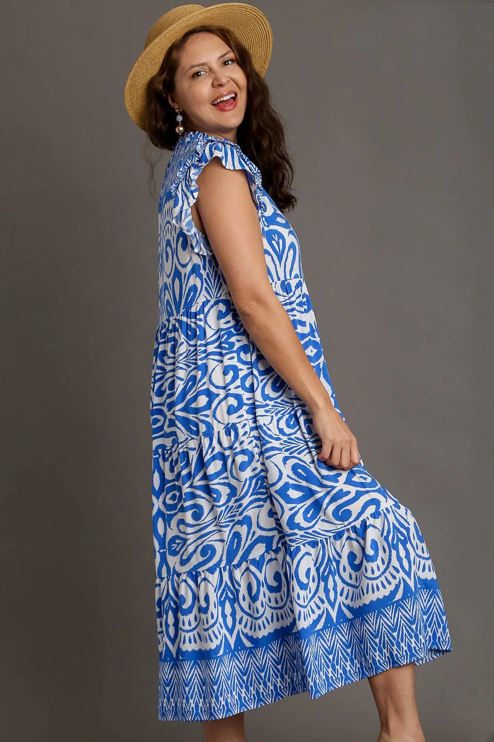 Full Size Two Tone Border Print Ruffle Cap Sleeve Midi Dress Plus Size - Blue - product view 6