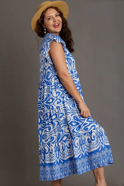 Full Size Two Tone Border Print Ruffle Cap Sleeve Midi Dress Plus Size - Blue - product view 6