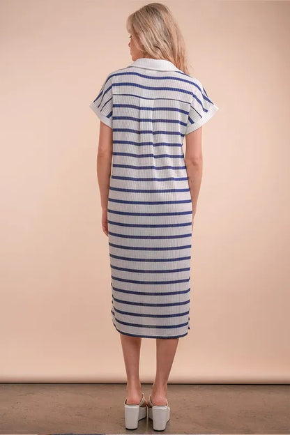 Oversized Collared Striped Knit Midi Dress in White/Navy - product view 3