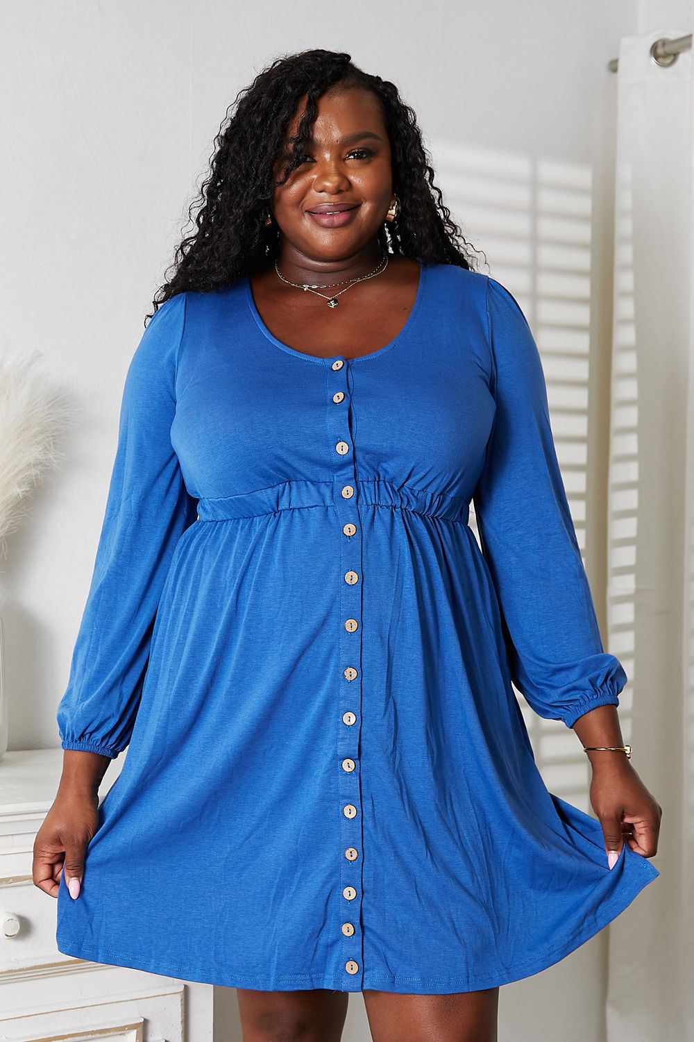 Scoop Neck Empire Waist Long Sleeve Magic Dress in Black and Royal Blue - product view 9