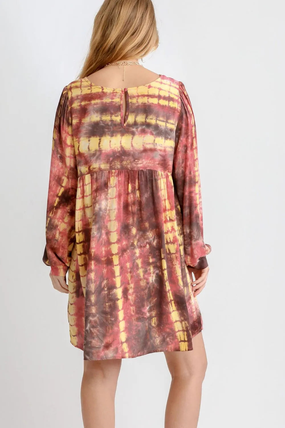 Full Size Tie Dye Long Sleeve Babydoll Dress with Keyhole Plus Size in Coral/Mocha - product view 3