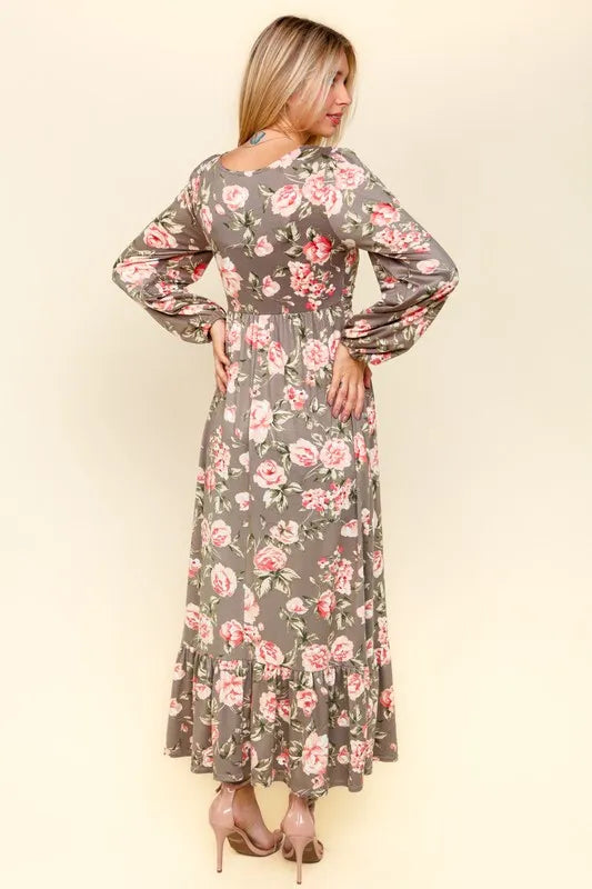 Twisted Detail Ruffled Hem Floral Dress with Side Pockets in Mauve Blush - product view 2