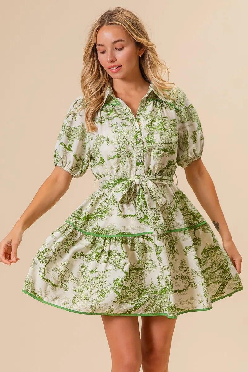 Woven Printed Tiered Dress in Avocado - product view 1