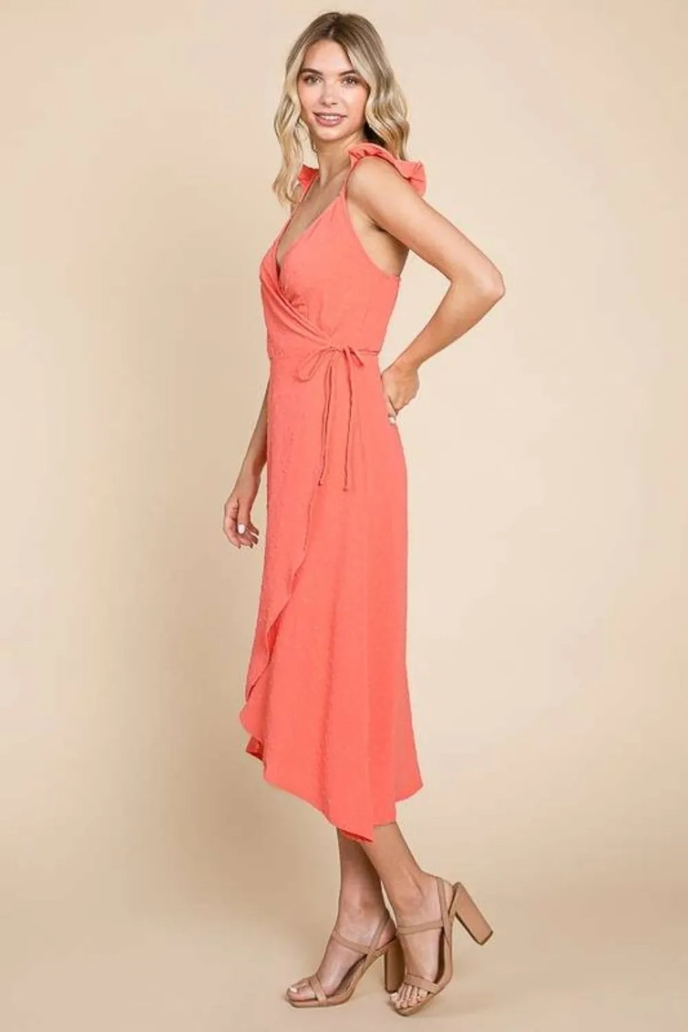 Ruffle Detail Surplice Wrap Slip Dress in Sugar Coral - product view 3