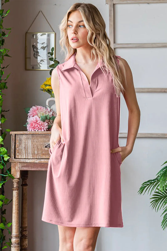 Full Size Ribbed Johnny Collar Sleeveless Dress in Dustypink - product view 2