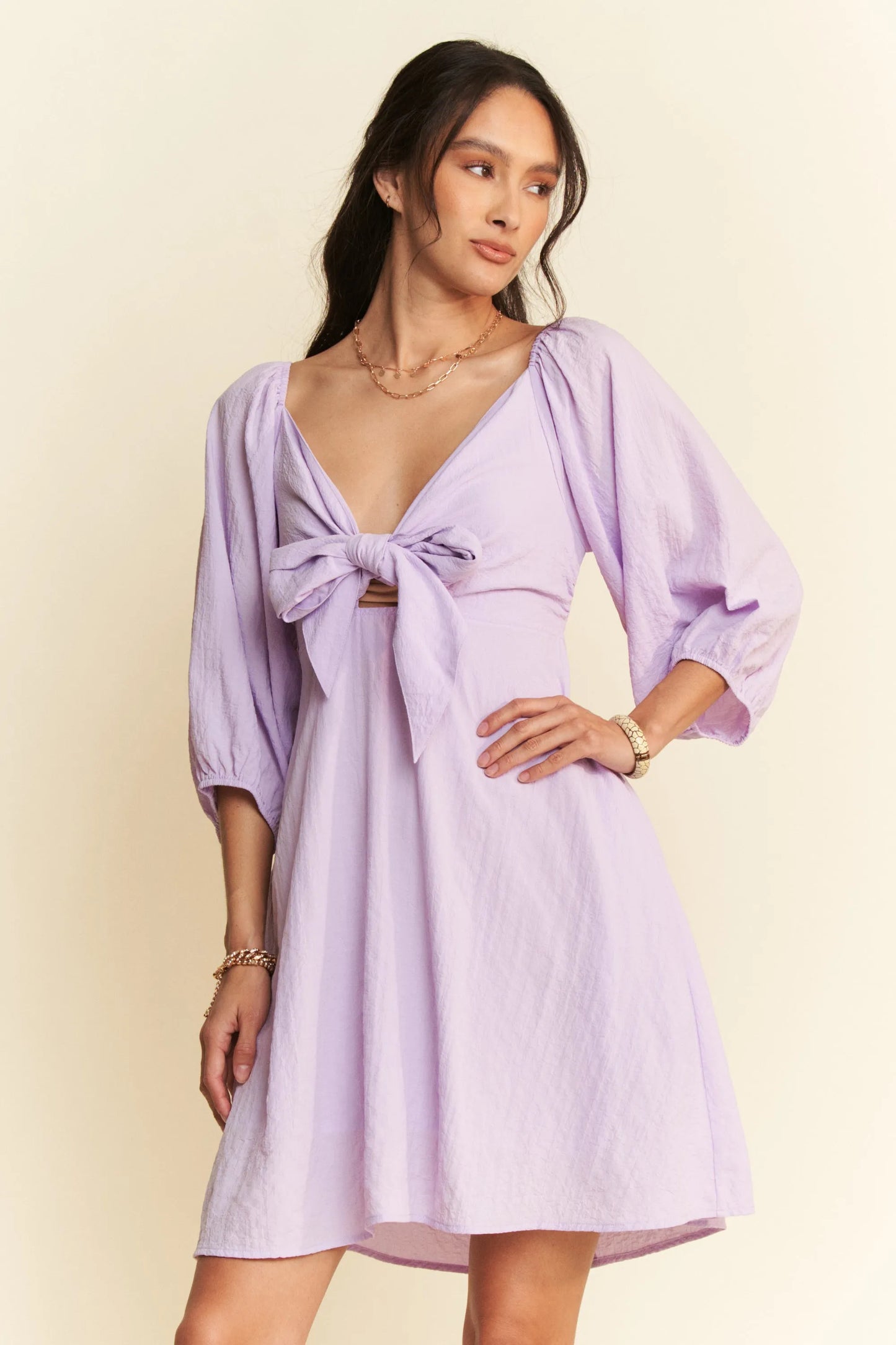 Self-Tie Puff Sleeve Smocking Open Back Mini Dress in Lavender - product view 3