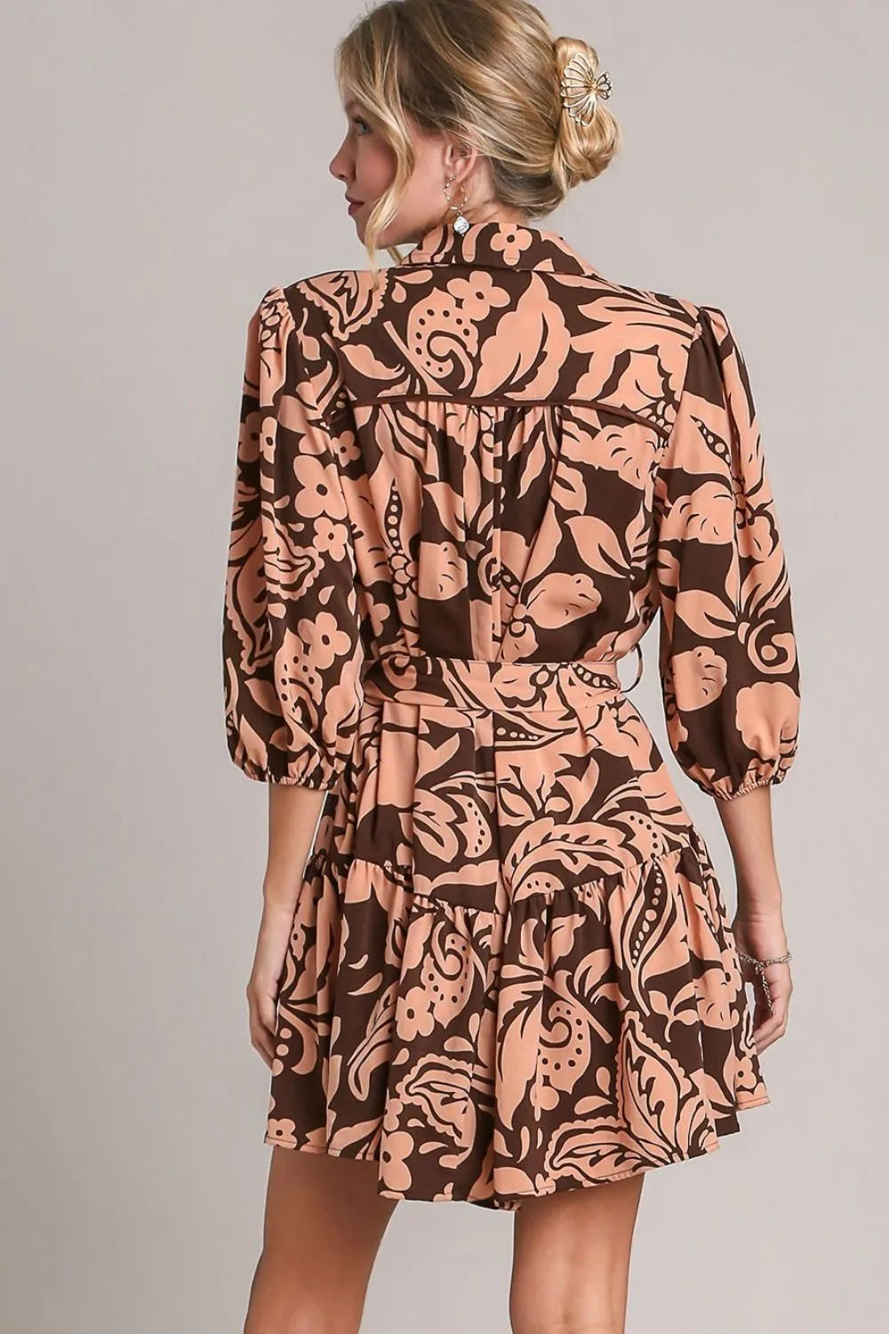Full Size Two Tone Floral Print Puff Sleeve Tie Waist Dress Plus Size in Brown - product view 4