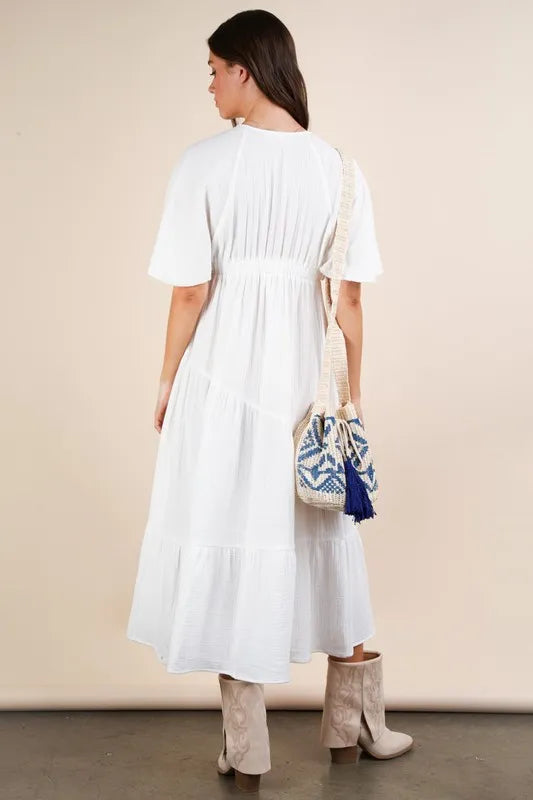 Mineral Washed Elastic Neck Detail Midi Dress in White - product view 6
