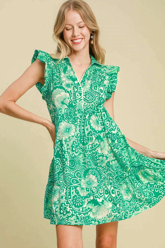 Full Size Printed Ruffle Cap Sleeve Babydoll Dress Plus Size - Green - product view 1